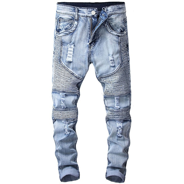 Jean Vintage Bleu Clair Plissé Style Moto Homme