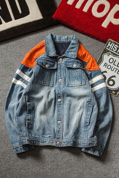 Harajuku Style Men Denim Jacket With Contrast Color Shoulder Patchwork Details - FanFreakz