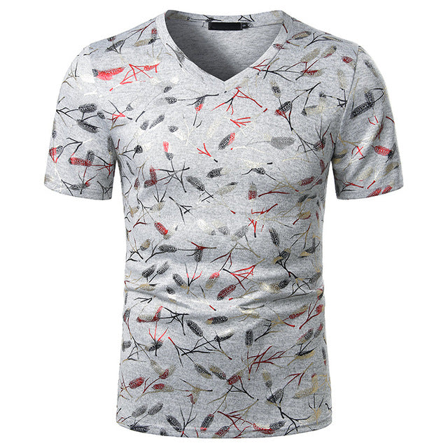 Camiseta De Hombre Con Cuello De Pico De Plumas Metálicas En Dos Tonos