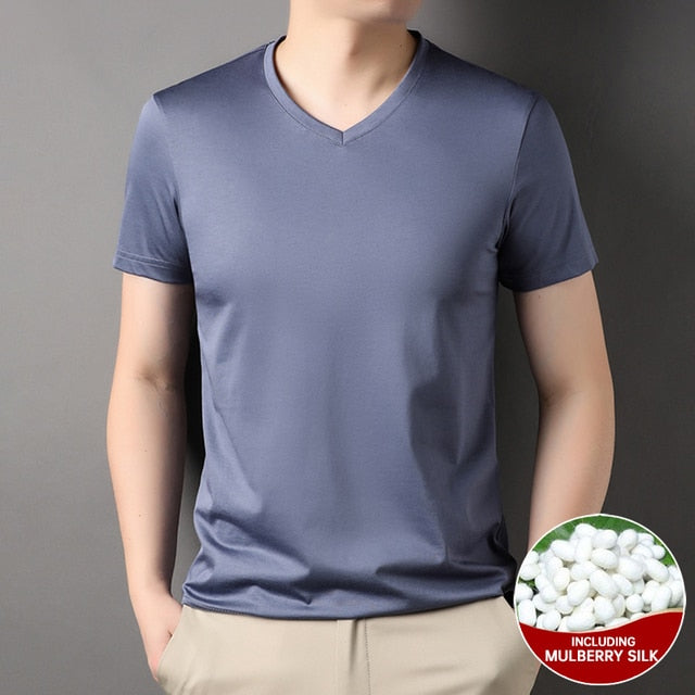 Mulberry Silk Solid V-Neck Smooth T-Shirt