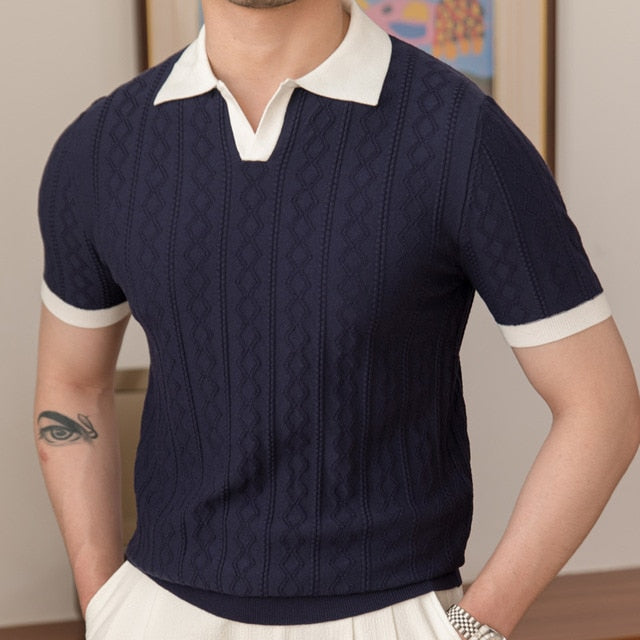 Breathable Contrast Knitted Men Polo Shirt