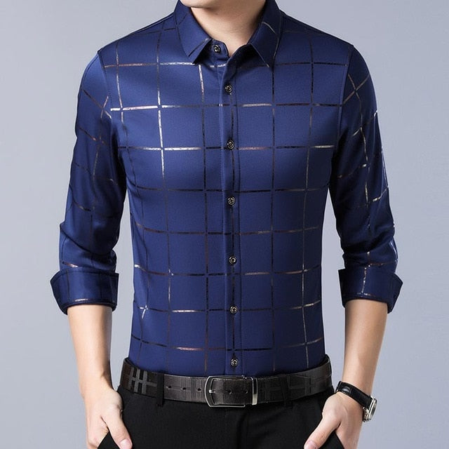 Casual Spring Luxury Plaid Long Sleeve Slim Fit Men Shirt