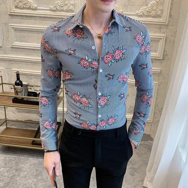 Estampado de flores a rayas Slim Fit Manga larga Estilo Camisas de hombre