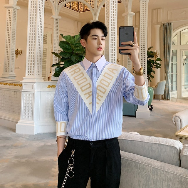 Chemises décontractées à manches trois-quarts à rayures bleues pour hommes