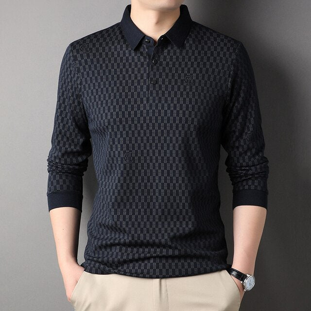 Geometric Pattern Wool Blends Polo Shirt