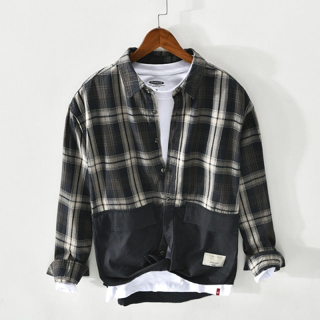 Vintage Plaid and Solid Combination Pocketed Shirt