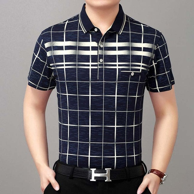 Lattice Plaid Printed Men Short Sleeve Polo Shirt