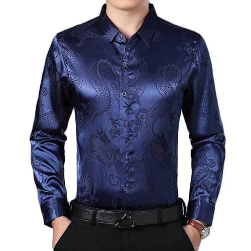 Smooth Silk Satin Chinese Dragon Jacquard Slim Fit Long Sleeve Style Men Shirt