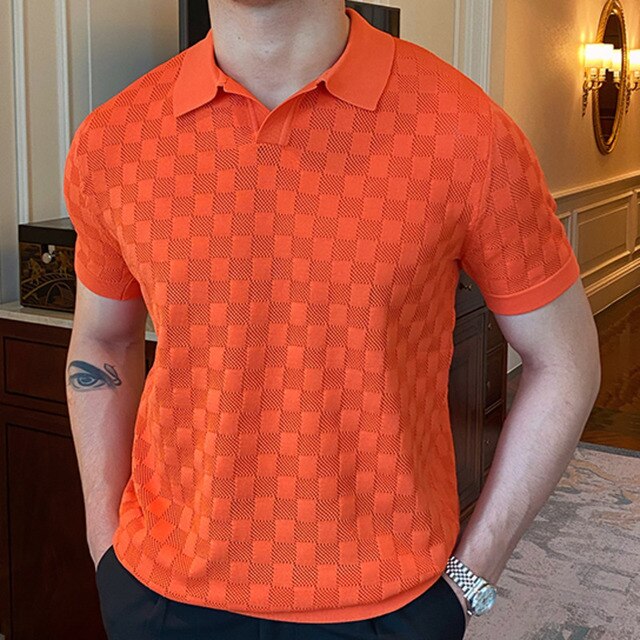 Plaid Stylish Breathable Men Polo Shirt