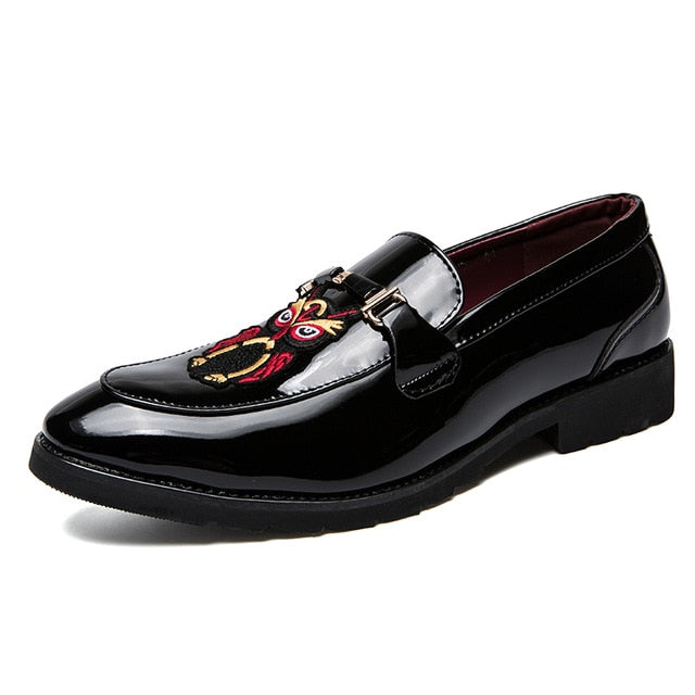 Owl and Lafayette Patch Embroidery Patent Leather Men Shoes