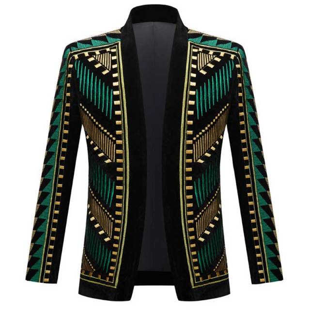 Green Gold African Style Embroidery Blazer