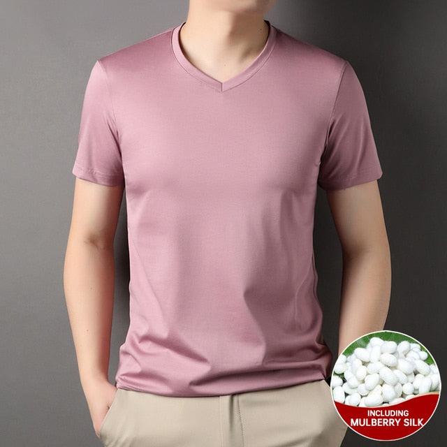 Mulberry Silk Solid V-Neck Smooth T-Shirt