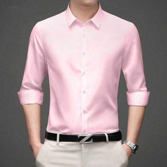 Solid Polyester Turn-Down Collar Men's Shirt