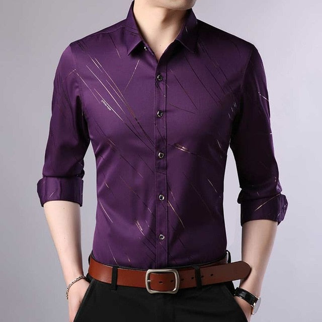 Elegant Seamless Gold Diagonal Lining Long Sleeve Shirt