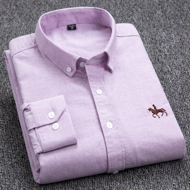 Embroidery Horse Pocket Solid Turn-Down Collar Shirt