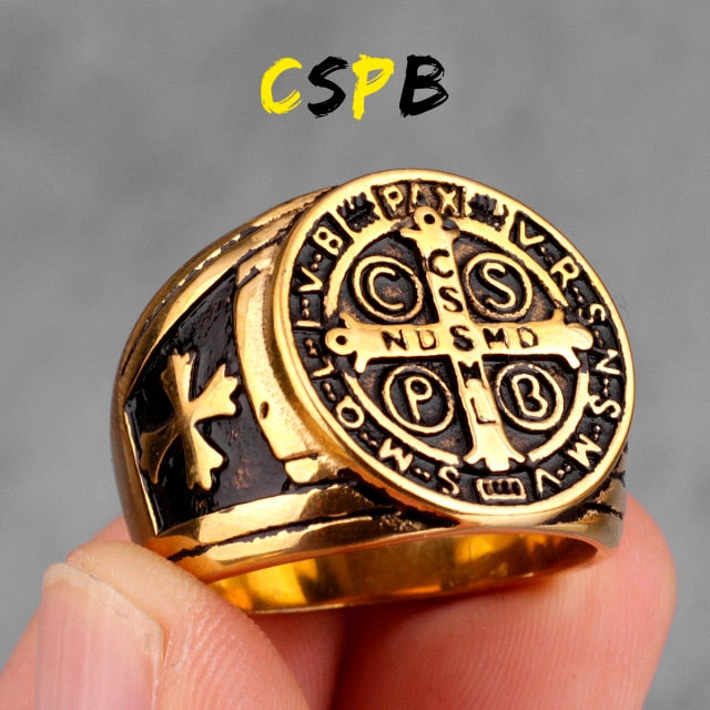 Saint Benedict Gold Black Cross Rings