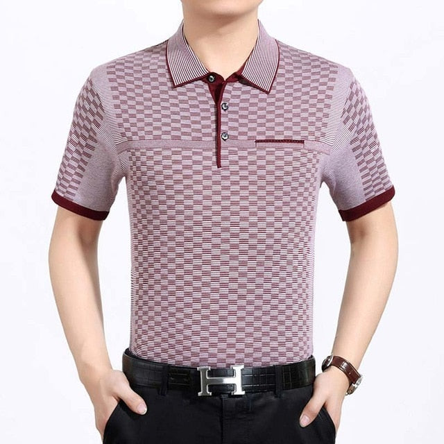 Plaid Pattern Decorated Solid Color Polo Shirt