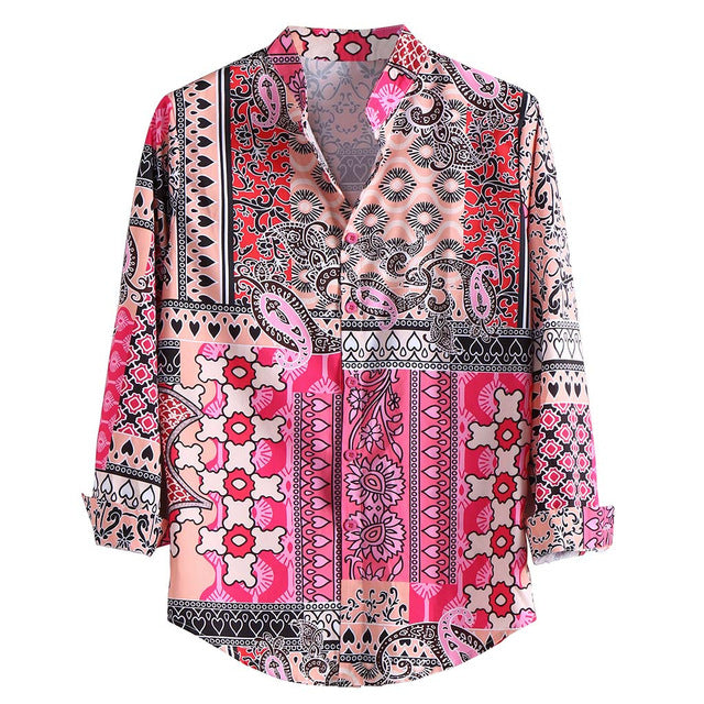 Camisa de hombre de estilo hawaiano de manga larga con estampado de solapa informal de verano