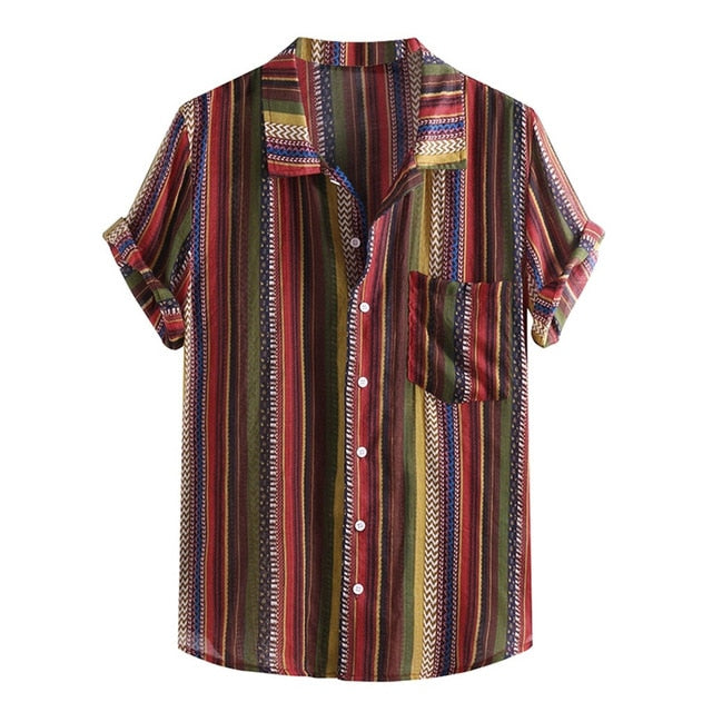 Chemise à rayures colorées à col montant et à manches courtes pour hommes