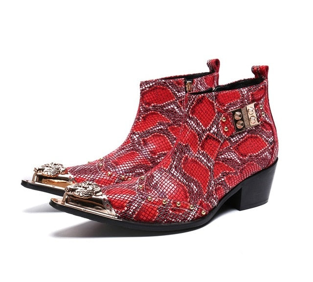 Botas de hombre con punta de metal y estampado de serpiente con hebillas