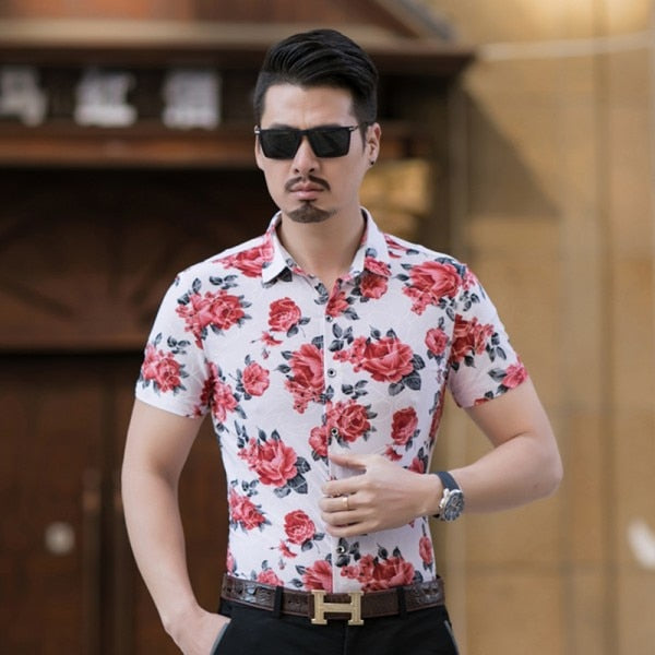 Floral Print Summer Short Sleeve Style Men Shirt