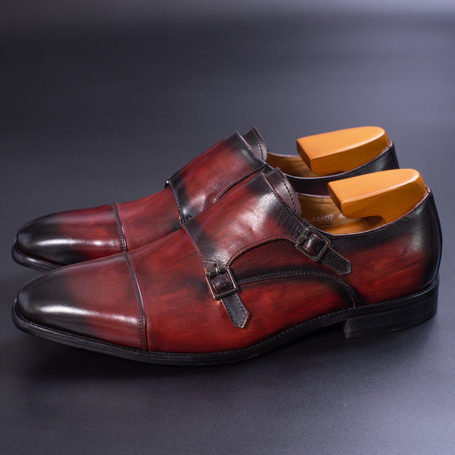Double Buckle Strap Handmade Painted Cap Toe Formal Style Men Shoes