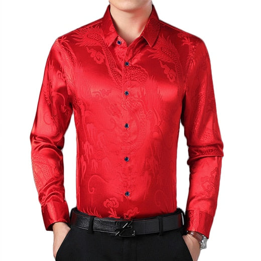 Smooth Silk Satin Chinese Dragon Jacquard Slim Fit Long Sleeve Style Men Shirt