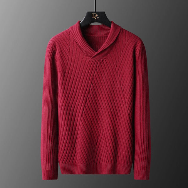 Solid Color Diagonal Knitted V-Neck Sweater