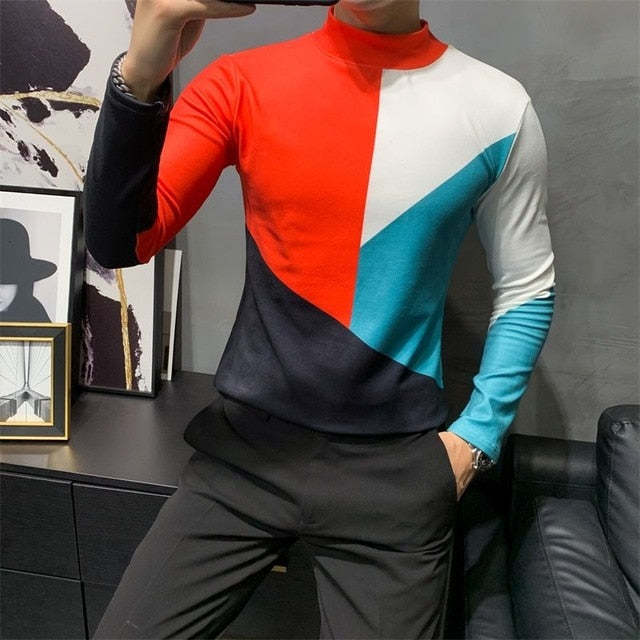 Abstract Multicolor Long Sleeve Turtleneck T-Shirt