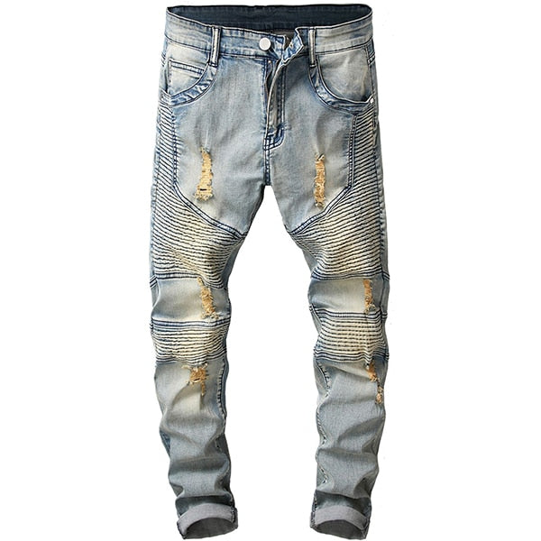 Jean Vintage Bleu Clair Plissé Style Moto Homme