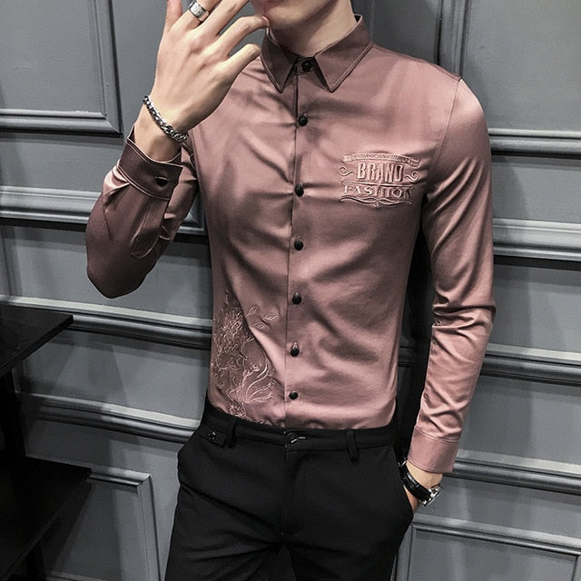 Solid Color with Embroidery Details Long Sleeve Casual Slim Fit Men Shirts