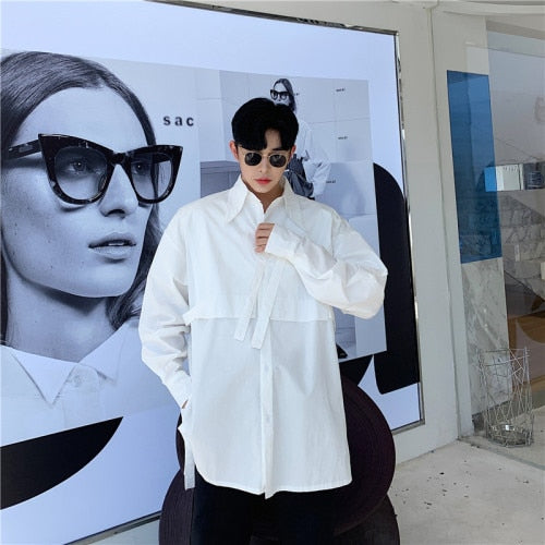 Men Monochrome Shirt with Tied Ribbon Sleeves