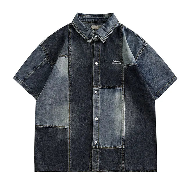 Color Block Patchwork Denim Short Set