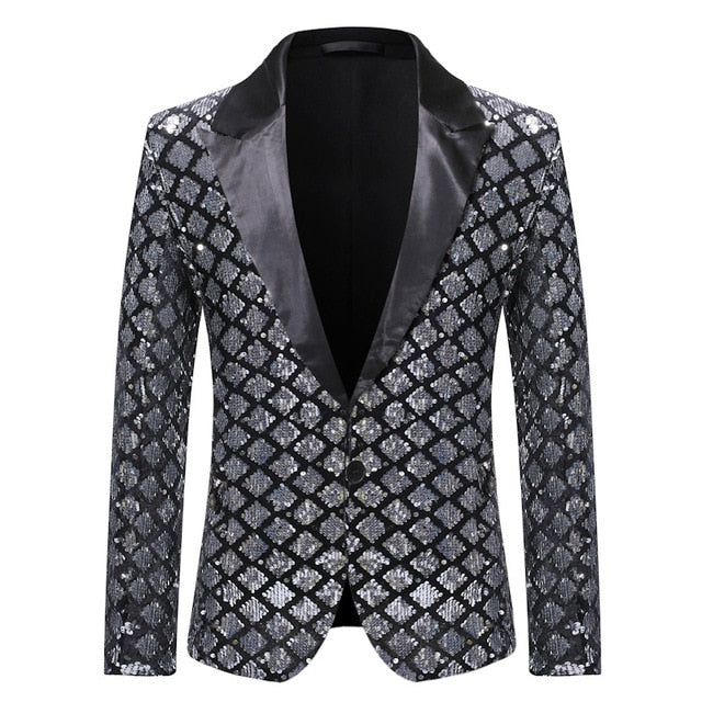 Plaid Pattern Sequins Groom Tuxedo Style Men Blazer