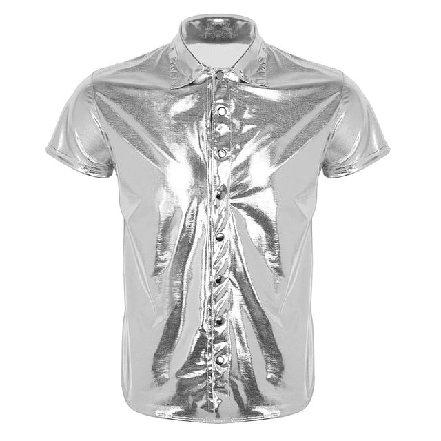 Argent Noir Sexy Shine Métallique À Manches Courtes Solide Style Décontracté Hommes Chemises