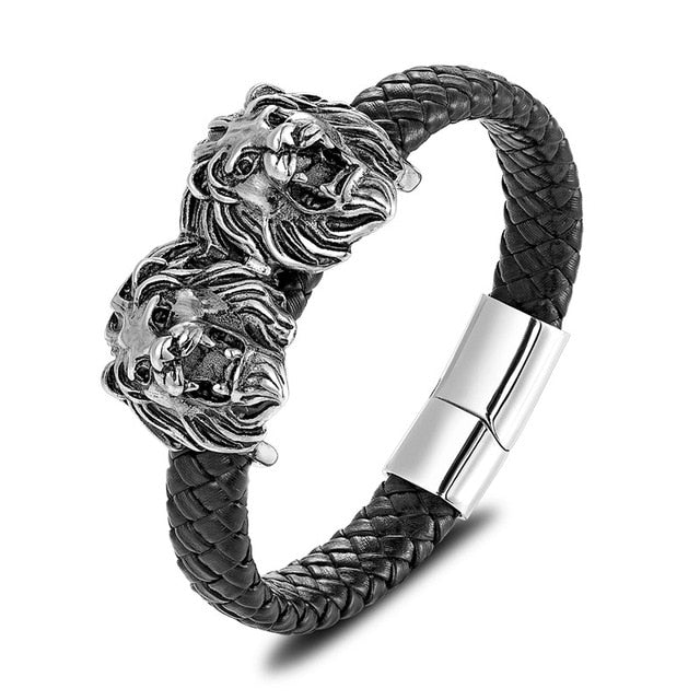 Gold Lion Punk en acier inoxydable avec bracelet en cuir pour homme