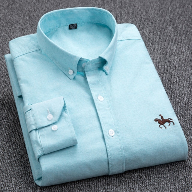 Embroidery Horse Pocket Solid Turn-Down Collar Shirt