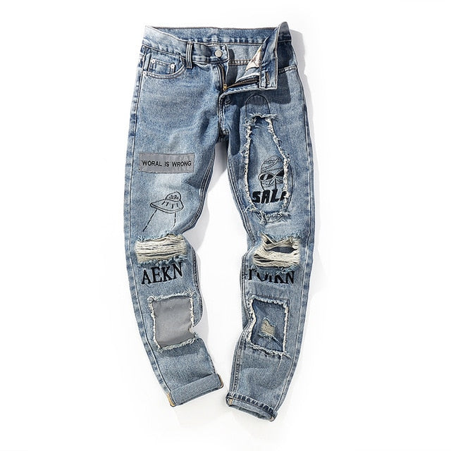 Ripped Vintage Denim Jeans Hip Hop Style