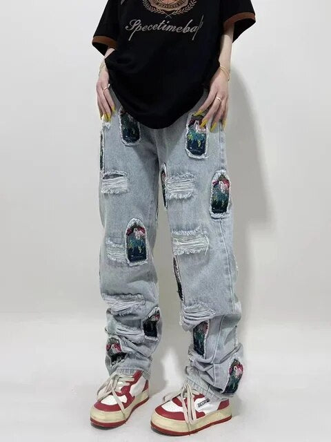 Embroidery Patchwork Ripped Jeans