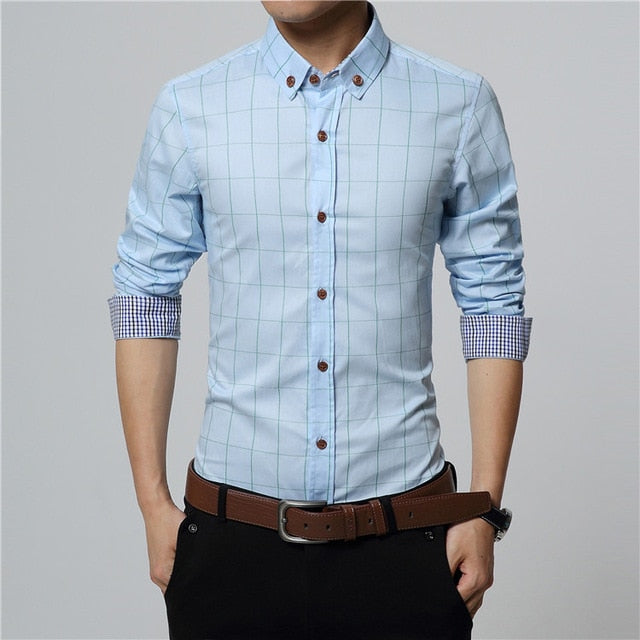 Solid Plaid Long-Sleeved Cotton Shirts
