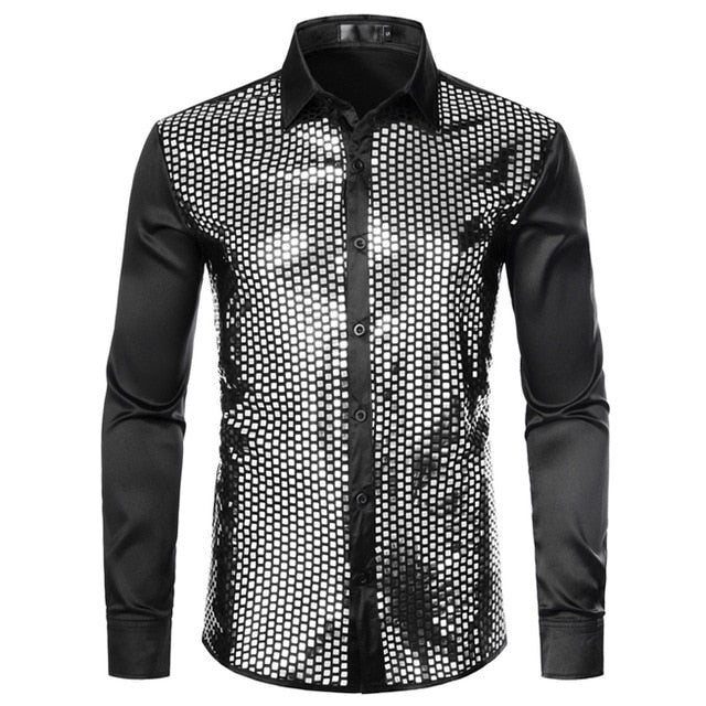Chemise habillée en soie noire à sequins dorés brillants pour hommes