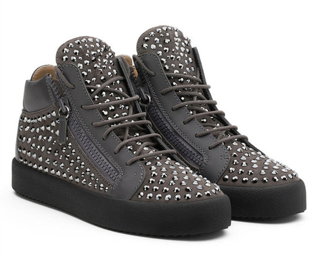 Thick Soles Zippered Rhinestone Suede Men Sneakers