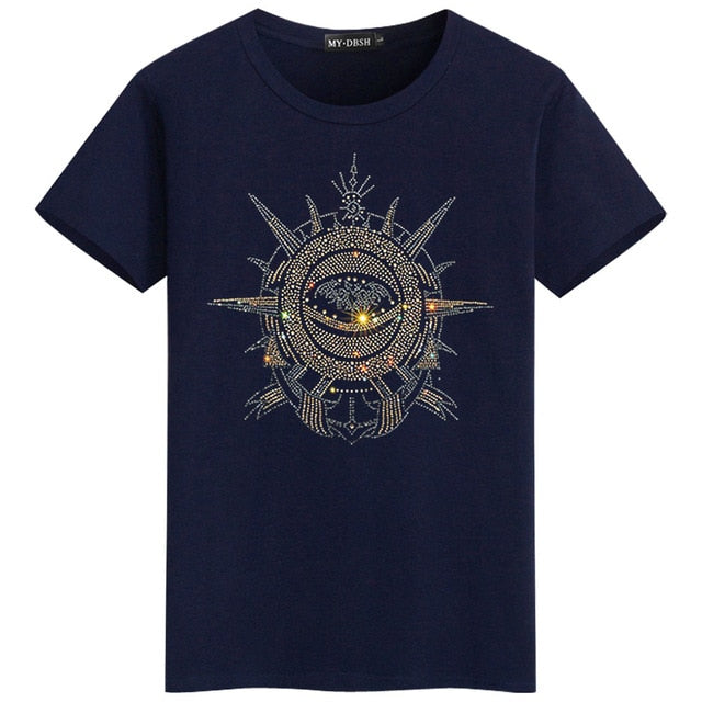 Rhinestone Solid Cotton Short-Sleeved T-Shirt