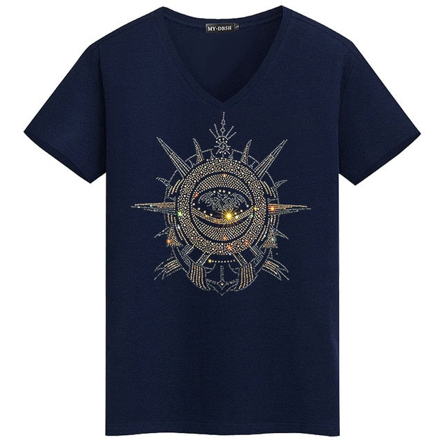 Rhinestone Solid Cotton Short-Sleeved T-Shirt