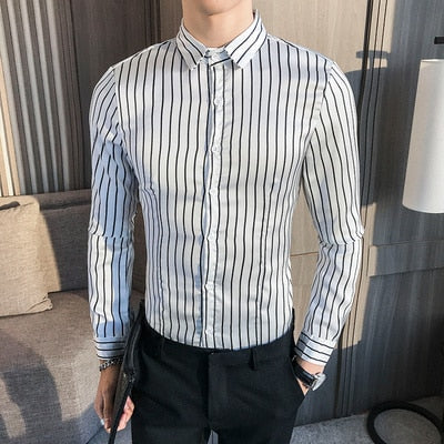 Striped Khaki White Long Sleeve Style Men Slim Fit Shirts