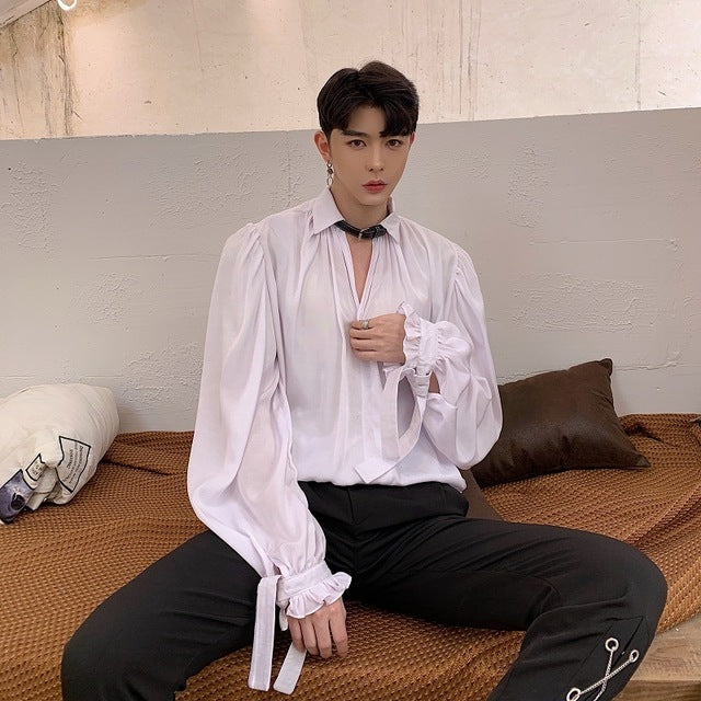 Col en V rétro vintage avec chemise à manches longues pour hommes