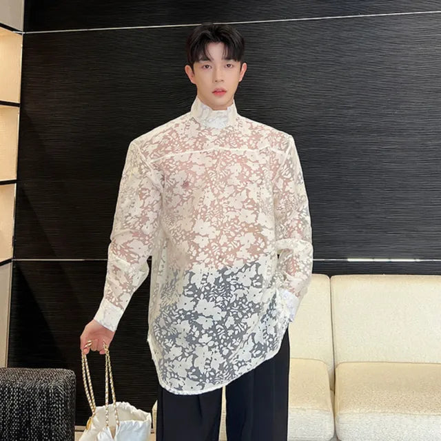 See-Through Pattern Stand Collar Shirt