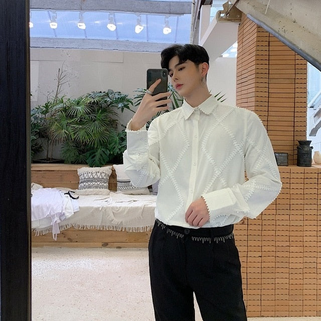 Diamond Pattern Lace Long Sleeves Style Men Dress Shirts