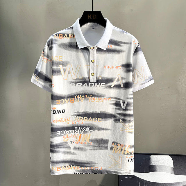 Abstract Tie-Dye Letter Printed Polo Shirt