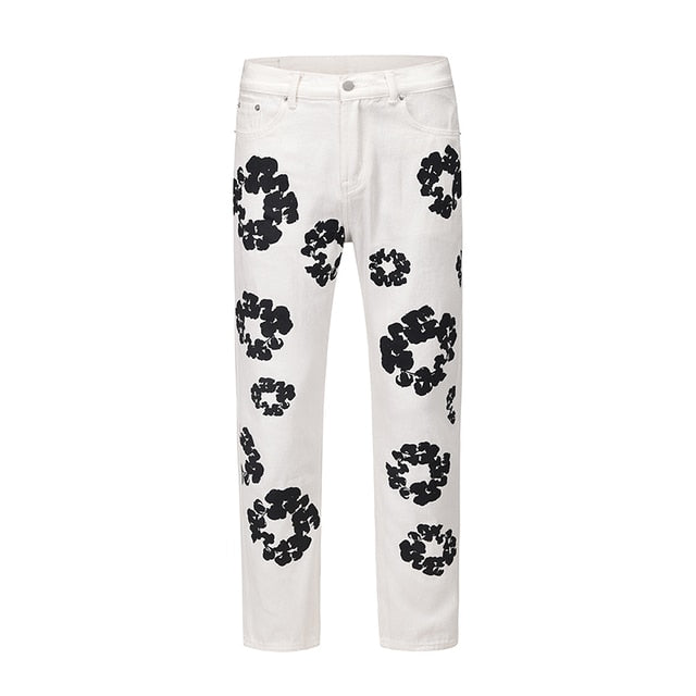 Flower White Printed Straight Jeans